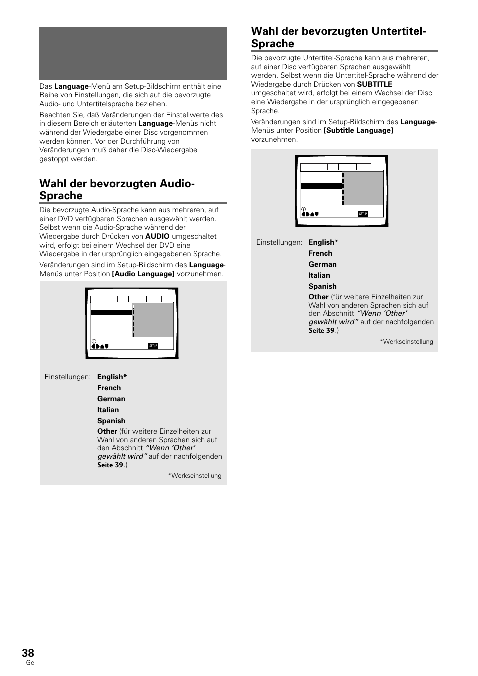 Eingabe der bevorzugten sprache und, Untertitel im setup-bildschirmmenü, Wahl der bevorzugten audio- sprache | Wahl der bevorzugten untertitel- sprache | Pioneer DV-636D User Manual | Page 38 / 128