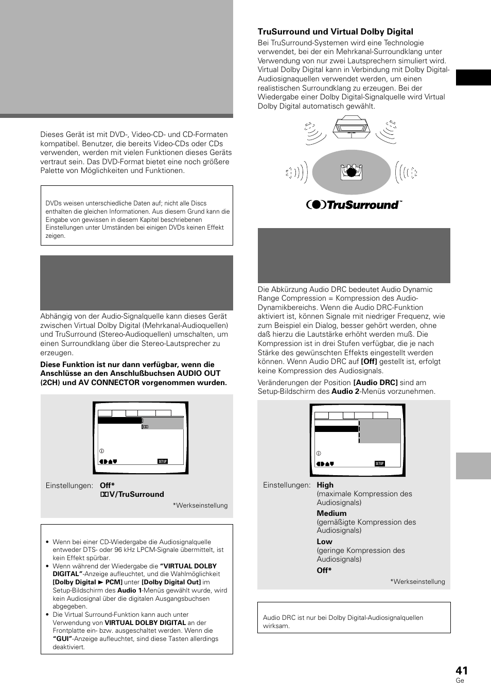 Weiterführende funktionen, Wiedergabe des surroundklangs über die, Stereo-lautsprecher | Einstellen des dynamikbereichs für die audio, Wiedergabe | Pioneer DV-636D User Manual | Page 41 / 128