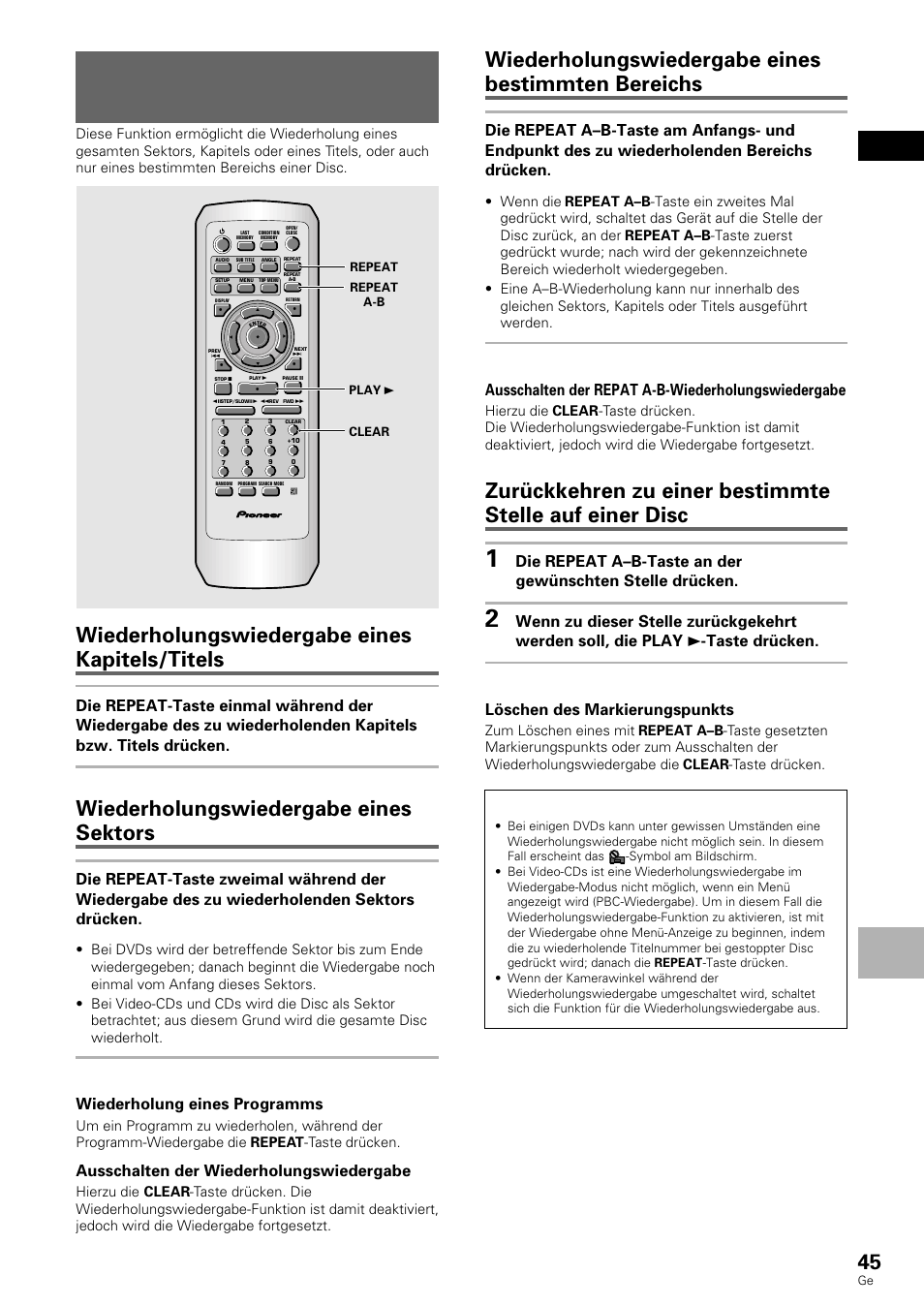 Wiederholungswiedergabe, Wiederholungswiedergabe eines kapitels/titels, Wiederholungswiedergabe eines sektors | Wiederholungswiedergabe eines bestimmten bereichs, Deutsch weiterfuhrende funktionen, Dvd/video-cd/cd, Wiederholung eines programms, Ausschalten der wiederholungswiedergabe, Ausschalten der repat a-b-wiederholungswiedergabe | Pioneer DV-636D User Manual | Page 45 / 128