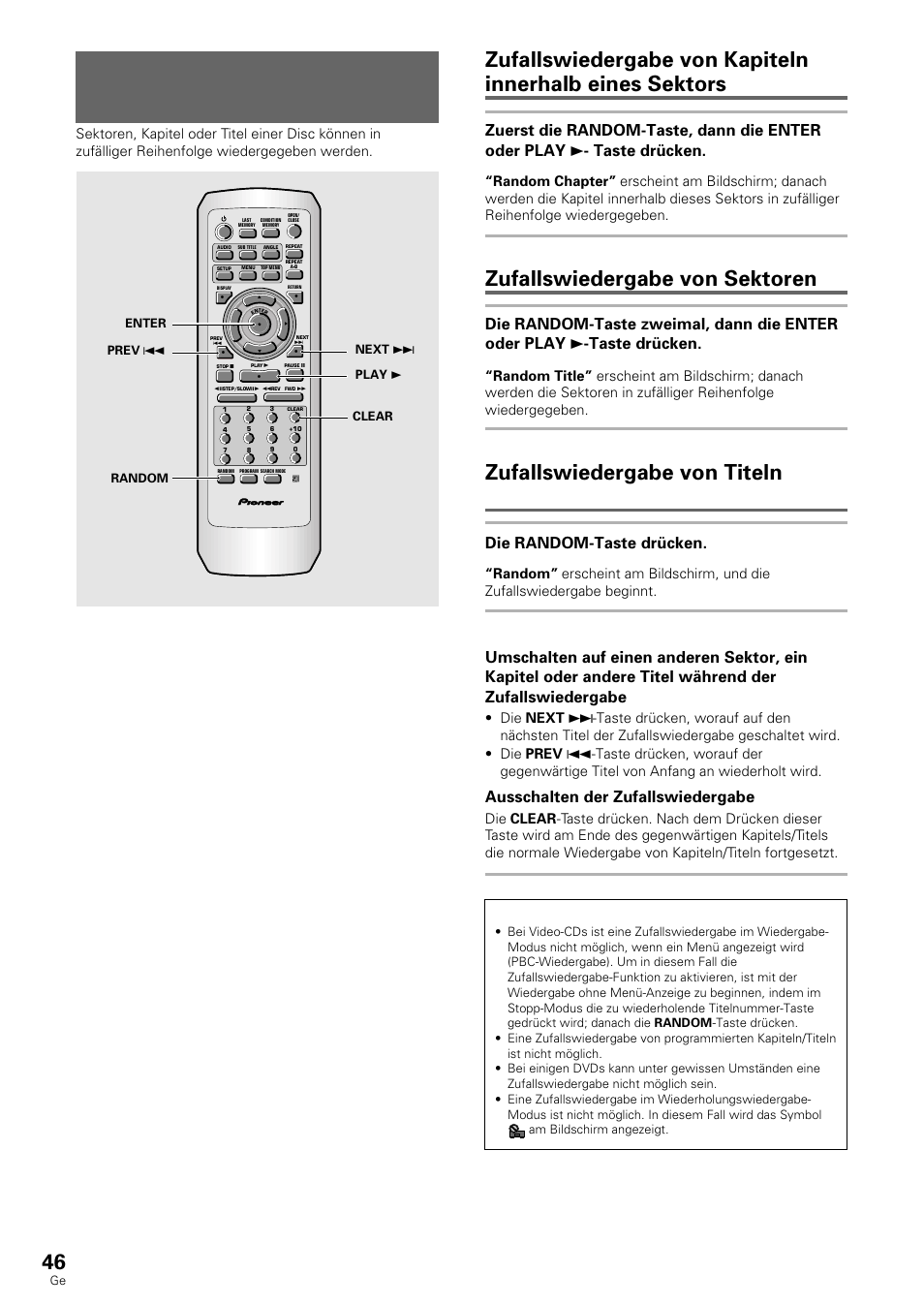 Zufallswiedergabe, Zufallswiedergabe von sektoren, Zufallswiedergabe von titeln | Dvd/video-cd/cd, Video-cd/cd die random-taste drücken, Ausschalten der zufallswiedergabe | Pioneer DV-636D User Manual | Page 46 / 128