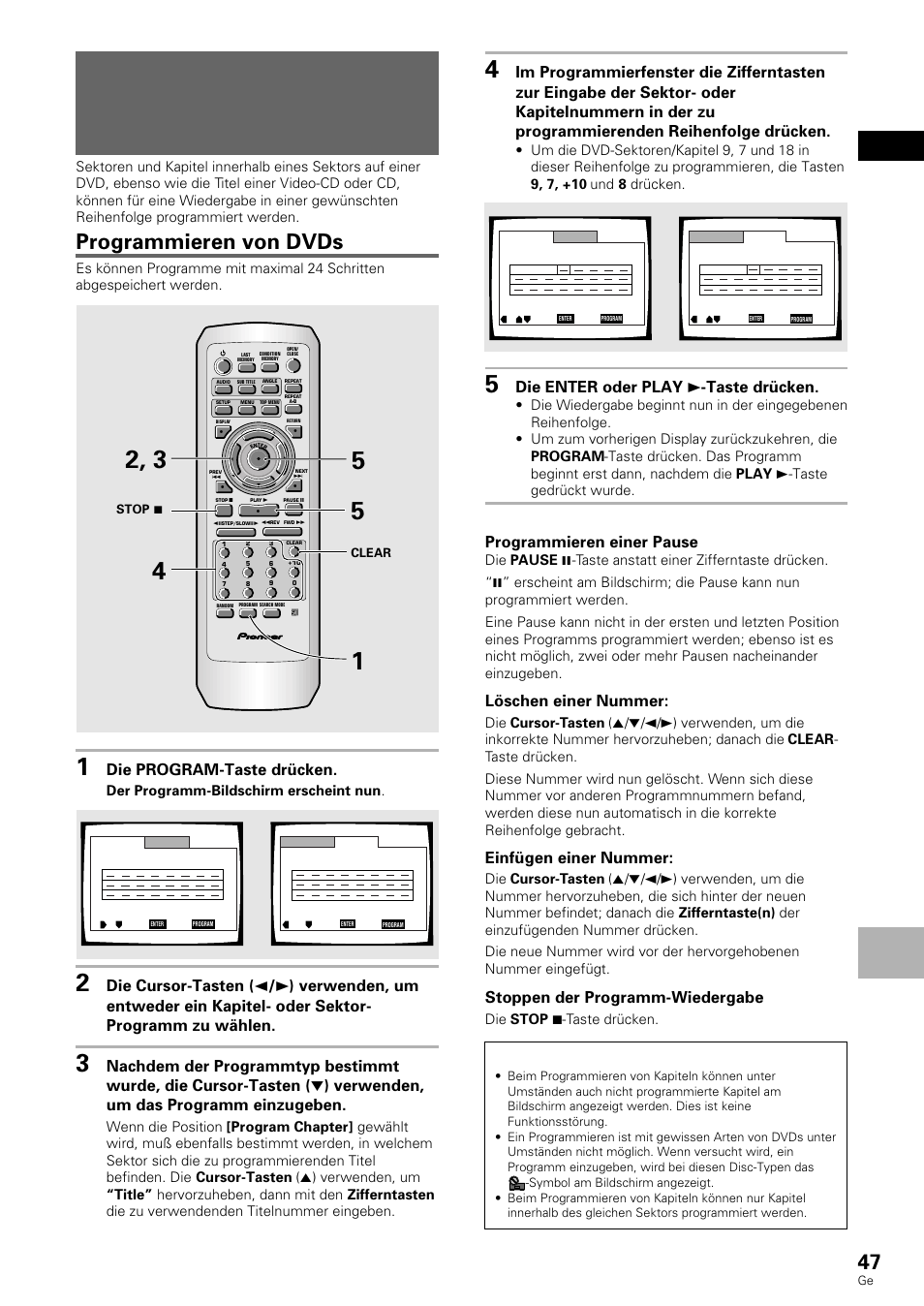 Wiedergabe in einer gewünschten reihenfolge, Programm-wiedergabe), Programmieren von dvds | Deutsch weiterfuhrende funktionen, Dvd/video-cd/cd, Die program-taste drücken, Die enter oder play 3 -taste drücken, Programmieren einer pause, Löschen einer nummer, Einfügen einer nummer | Pioneer DV-636D User Manual | Page 47 / 128