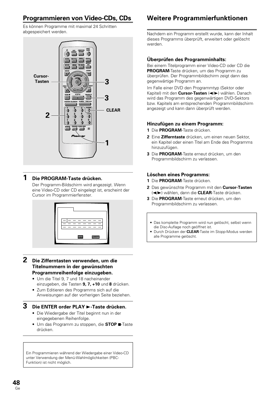 Programmieren von video-cds, cds, Weitere programmierfunktionen, Die program-taste drücken | Die enter order play 3 -taste drücken, Dvd/video-cd/cd, Überprüfen des programminhalts, Hinzufügen zu einem programm, Löschen eines programms, Cursor- tasten, Clear | Pioneer DV-636D User Manual | Page 48 / 128