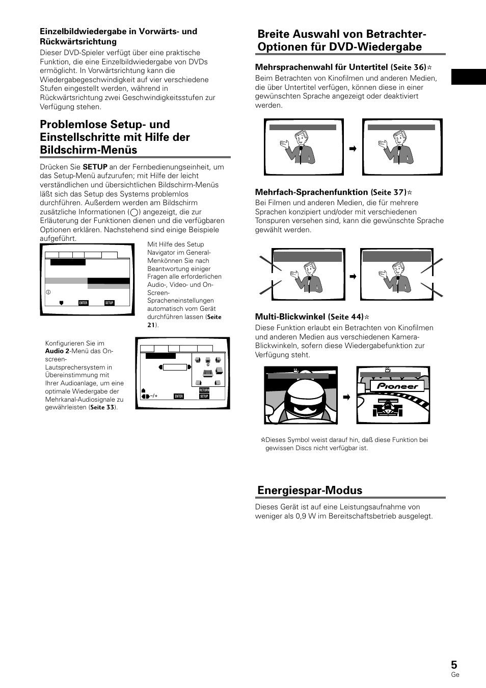 Energiespar-modus, Deutsch, Mehrsprachenwahl für untertitel (seite 36) | Mehrfach-sprachenfunktion (seite 37), Multi-blickwinkel (seite 44), Hello hola | Pioneer DV-636D User Manual | Page 5 / 128