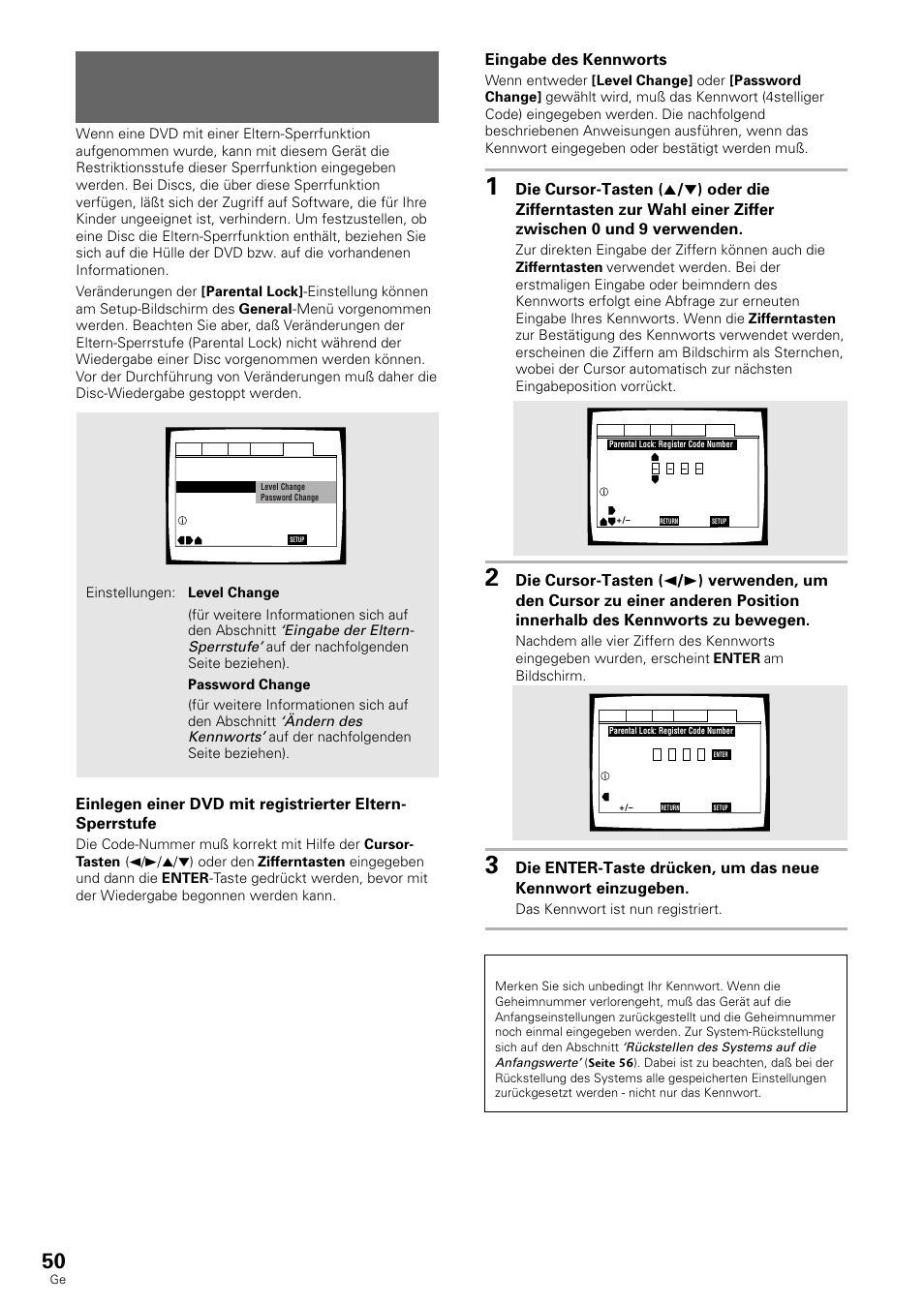 Eingabe der eltern-sperrstufe, Eingabe des kennworts | Pioneer DV-636D User Manual | Page 50 / 128