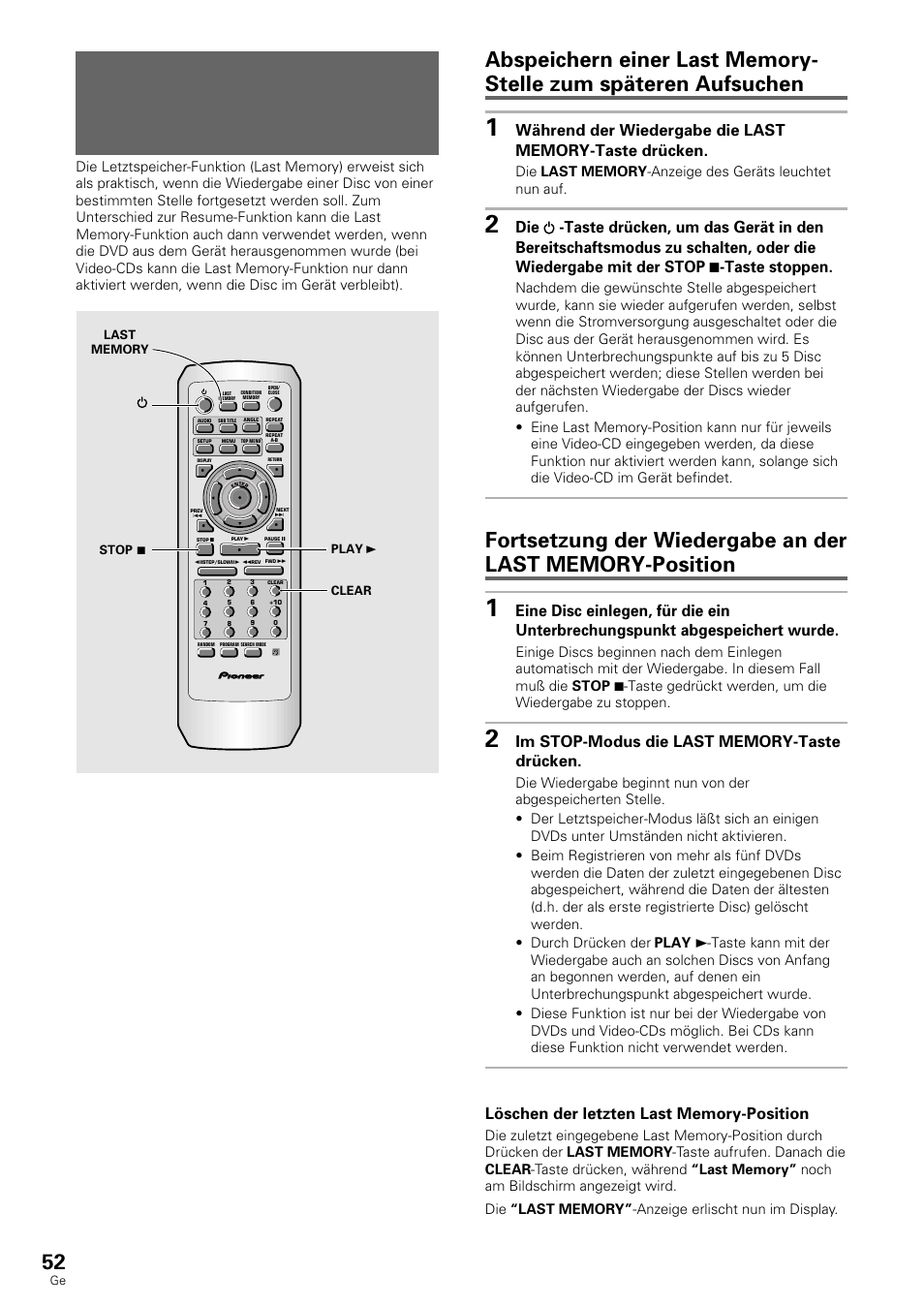 Fortsetzung der wiedergabe von einer, Bestimmten stelle (last memory), Dvd/video-cd | Pioneer DV-636D User Manual | Page 52 / 128