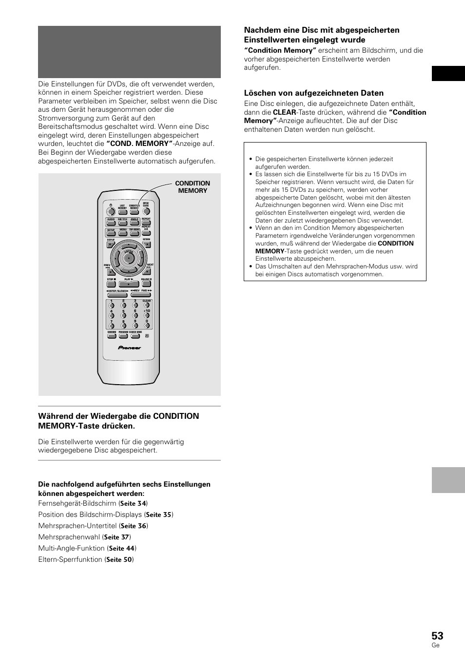 Abspeichern von einstellungen für oft, Verwendete dvds (parameter-speicher), Deutsch weiterfuhrende funktionen | Löschen von aufgezeichneten daten | Pioneer DV-636D User Manual | Page 53 / 128