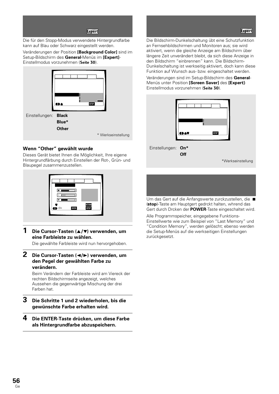 Verändern der bildschirm hintergrundfarbe, Ein- und ausschalten der bildschirm, Dunkelschaltung | Rückstellen des systems auf die, Anfangswerte, Rückstellen des systems auf die anfangswerte, Wenn “other” gewählt wurde | Pioneer DV-636D User Manual | Page 56 / 128
