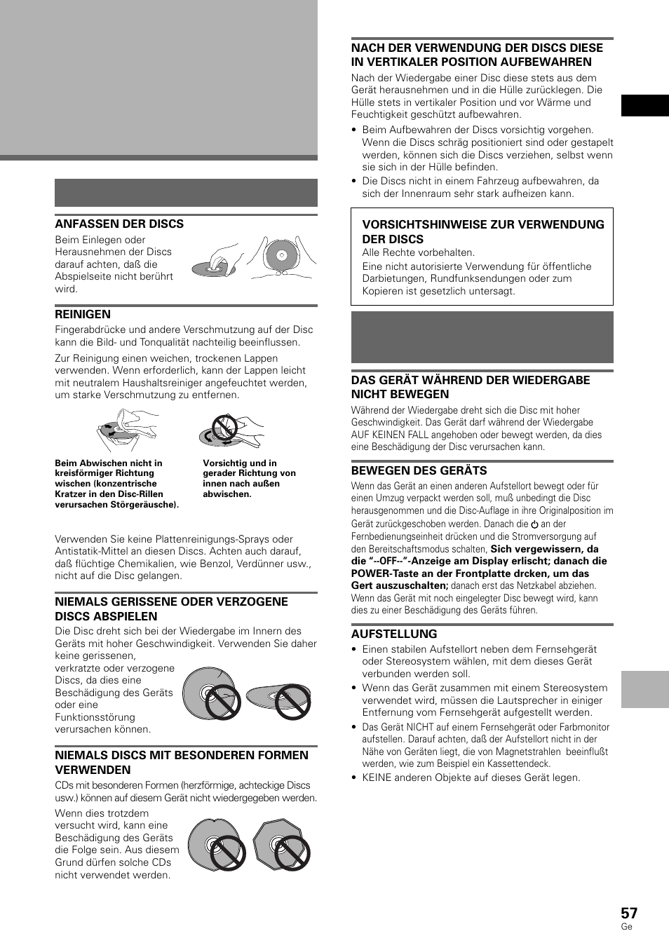 Weitere informationen, Pflege der discs korrekte verwendung für lange, Gerätelebensdauer | Pflege der discs, Korrekte verwendung für lange gerätelebensdauer | Pioneer DV-636D User Manual | Page 57 / 128