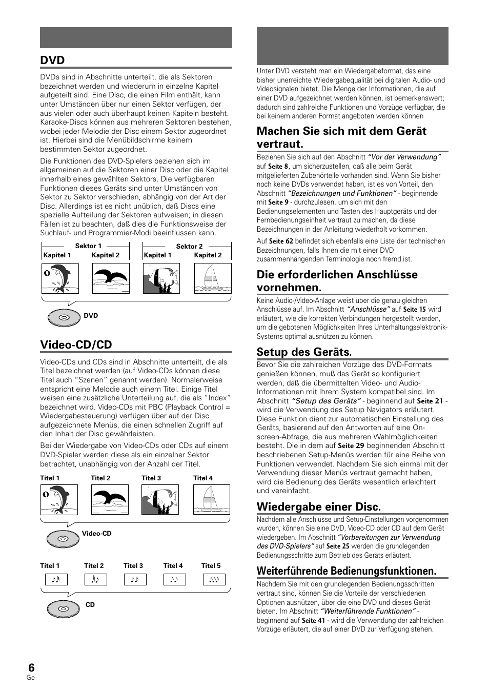 Verwendung dieser bedienungsanleitung, Hinweise zur disc-konfiguration, Machen sie sich mit dem gerät vertraut | Die erforderlichen anschlüsse vornehmen, Setup des geräts, Wiedergabe einer disc, Weiterführende bedienungsfunktionen, Video-cd/cd | Pioneer DV-636D User Manual | Page 6 / 128