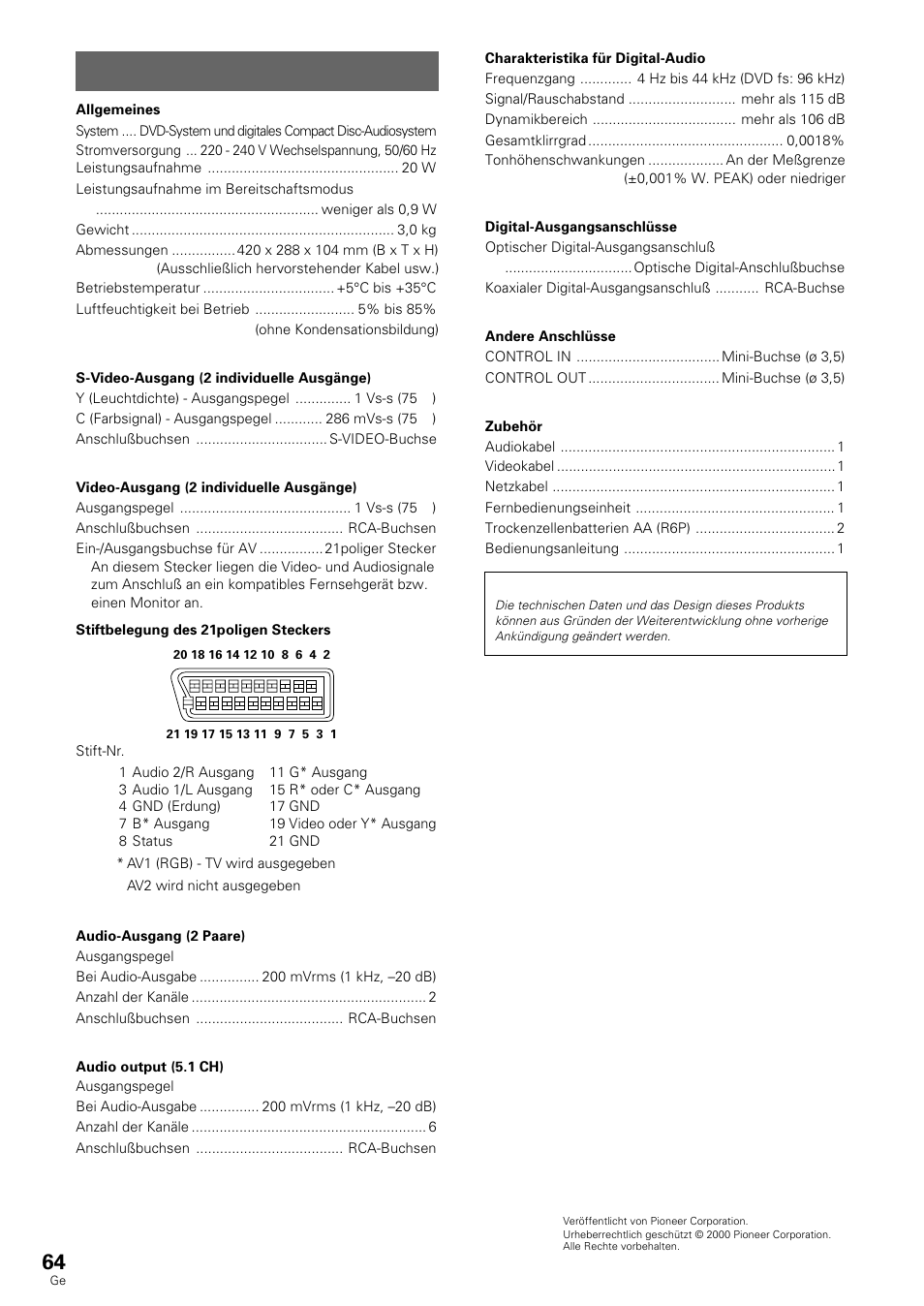 Technische daten | Pioneer DV-636D User Manual | Page 64 / 128