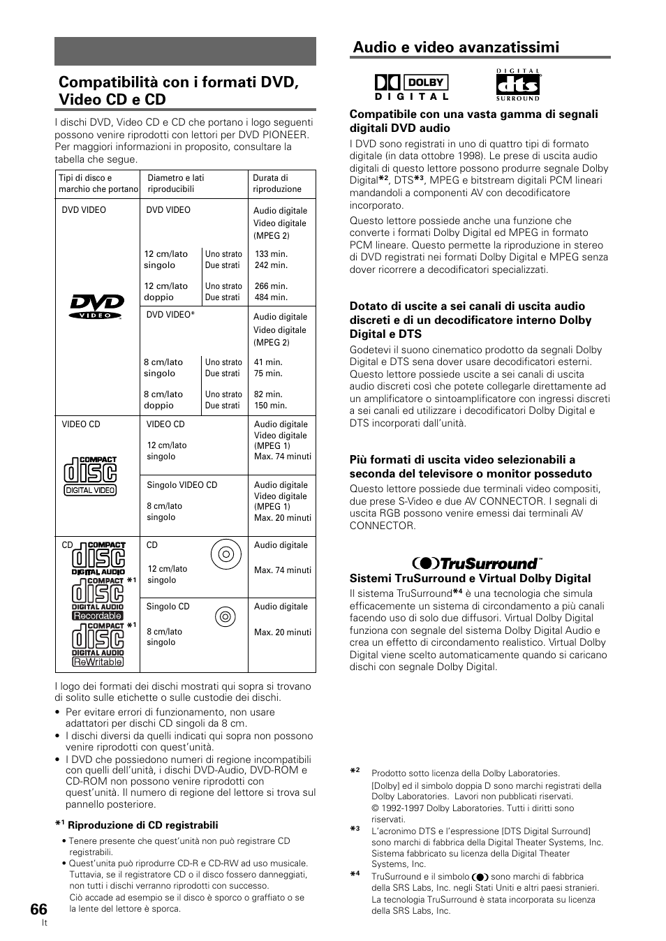 Caratteristiche di questo lettore, Audio e video avanzatissimi, Compatibilità con i formati dvd, video cd e cd | Pioneer DV-636D User Manual | Page 66 / 128