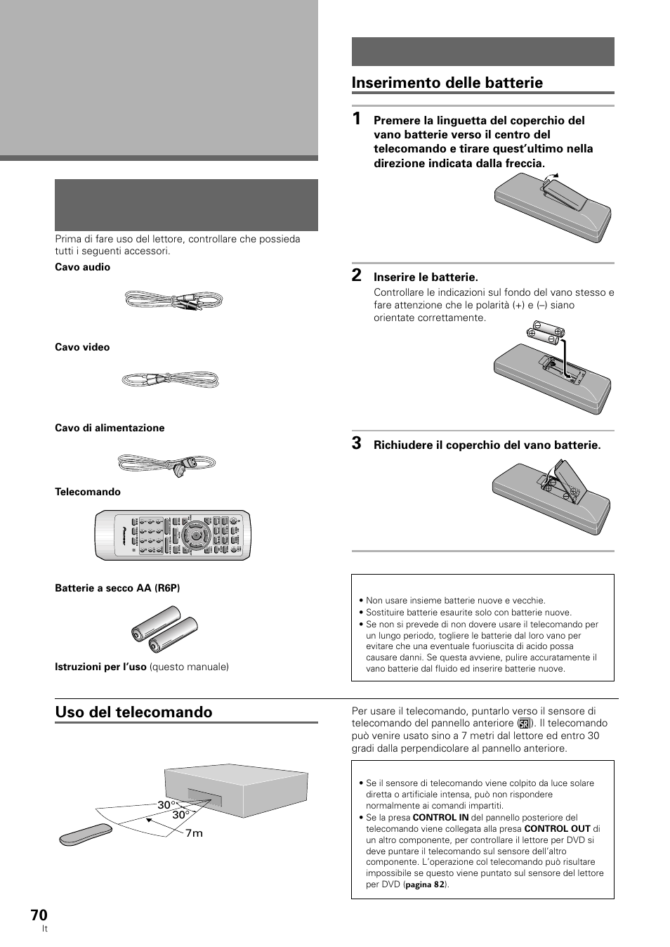 Prima di fare uso del lettore, Preparazione del telecomando, Controllo degli accessori in dotazione | Inserimento delle batterie, Uso del telecomando, Inserire le batterie, Richiudere il coperchio del vano batterie, 30 7m | Pioneer DV-636D User Manual | Page 70 / 128