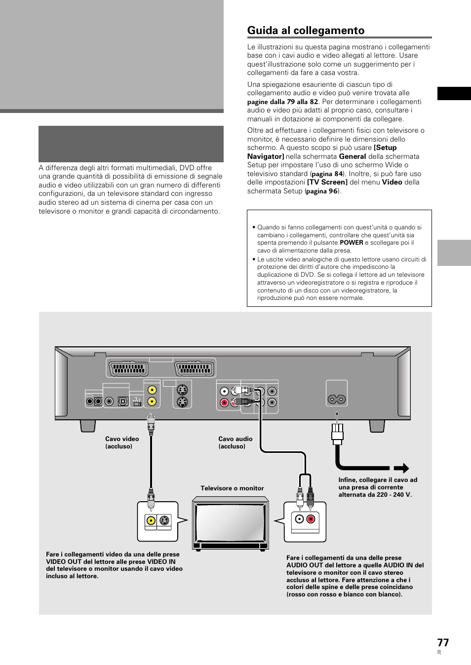 Collegamenti, Collegamento del proprio lettore per dvd, Guida al collegamento | Italiano | Pioneer DV-636D User Manual | Page 77 / 128