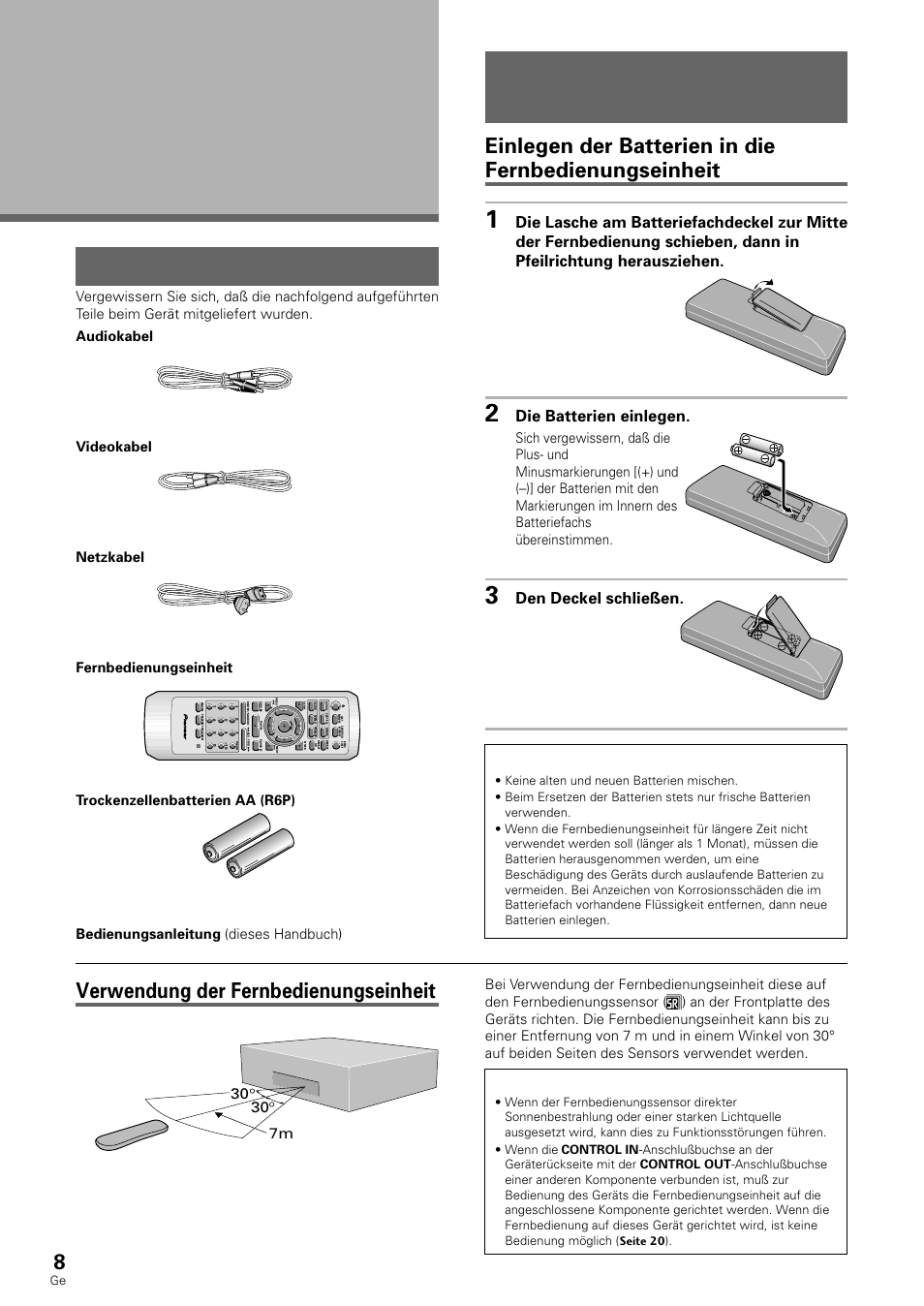 Vor der verwendung, Vorbereitung der fernbedienungseinheit, Überprüfen der zubehörteile | Verwendung der fernbedienungseinheit, Die batterien einlegen, Den deckel schließen, 30 7m, Hinweise | Pioneer DV-636D User Manual | Page 8 / 128