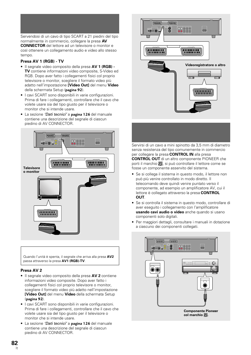 Collegamento del connettore av connector, Collegamenti di telecomando del sistema, Presa av 1 (rgb) - tv | Dati tecnici, Presa av 2, Ntsc pal auto out in, Front sub woofer center tv system, Surround, Av2 av1 (rgb) -tv | Pioneer DV-636D User Manual | Page 82 / 128