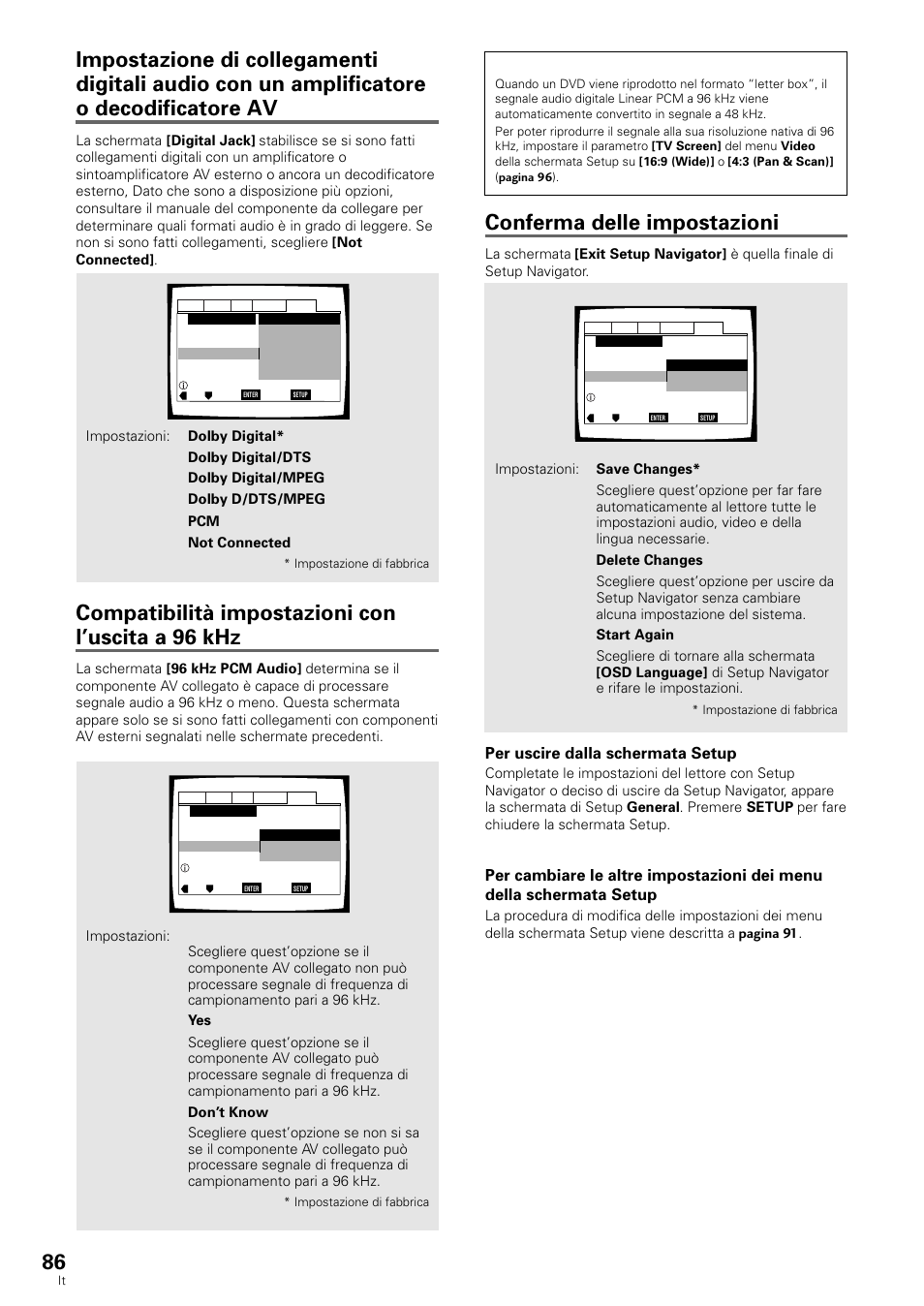 Conferma delle impostazioni, Compatibilità impostazioni con l’uscita a 96 khz, Per uscire dalla schermata setup | Pioneer DV-636D User Manual | Page 86 / 128