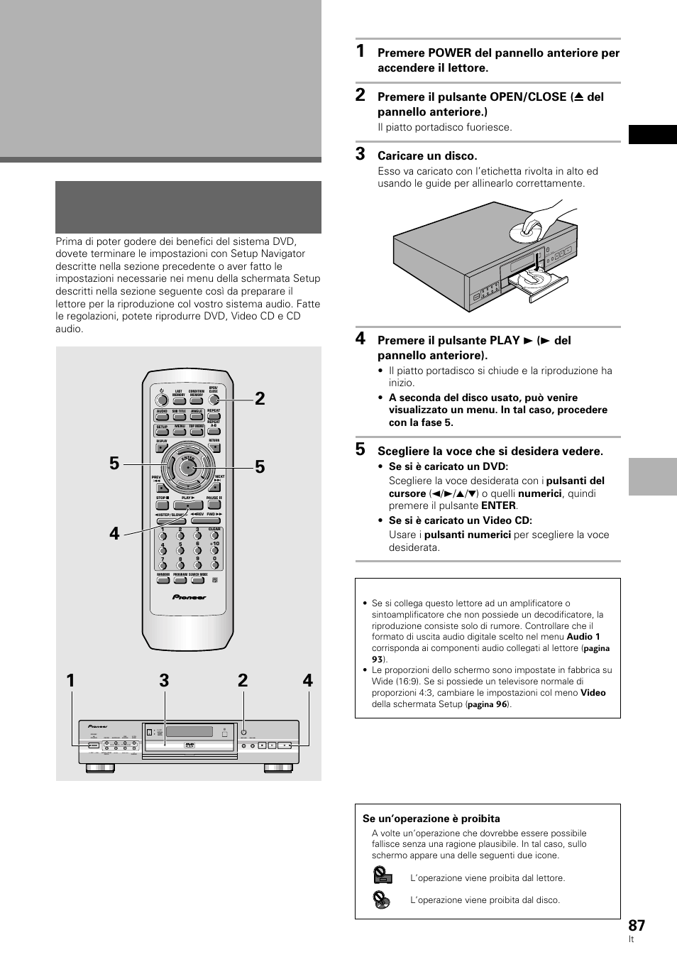 Per iniziare ad usare il lettore dvd, Riproduzione di dvd, video cd e cd, Italiano | Dvd/video cd/cd, Caricare un disco, Scegliere la voce che si desidera vedere | Pioneer DV-636D User Manual | Page 87 / 128