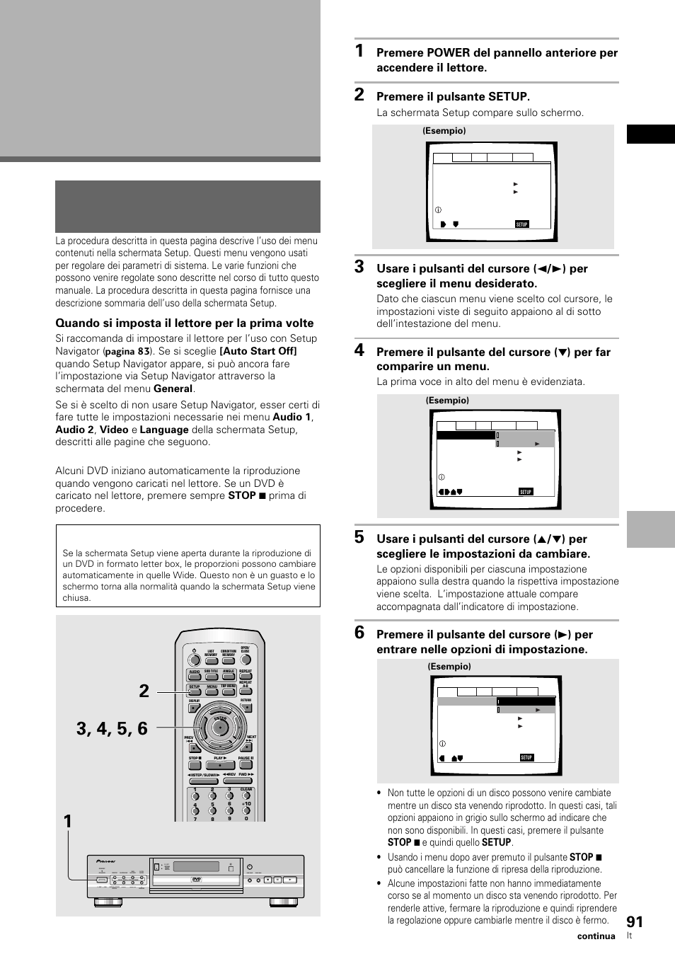Impostazione video ed audio, Uso dei menu della schermata setup, Italiano | Premere il pulsante setup, Quando si imposta il lettore per la prima volte, Dvd player, Power acoustic damper mechanism – off - on, La schermata setup compare sullo schermo, La prima voce in alto del menu è evidenziata | Pioneer DV-636D User Manual | Page 91 / 128