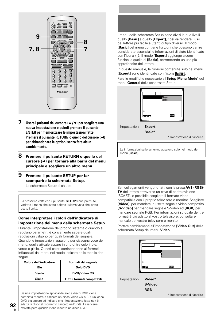 Passaggio al modo [expert] del menu della, Schermata setup, Impostazione del formato di uscita video per il | Connettore av1 (rgb)-tv, Nota, La schermata setup si chiude. nota | Pioneer DV-636D User Manual | Page 92 / 128