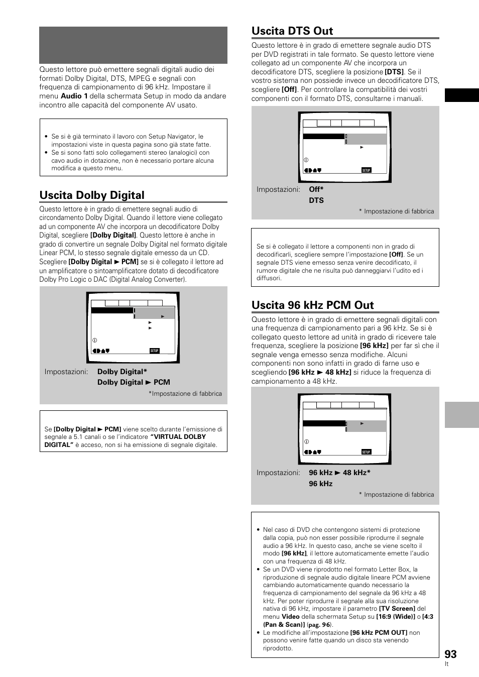 Compatibilità fra uscita digitale audio e, Componente av, Uscita dolby digital | Uscita dts out, Uscita 96 khz pcm out, Italiano, Impost azione video ed audio | Pioneer DV-636D User Manual | Page 93 / 128