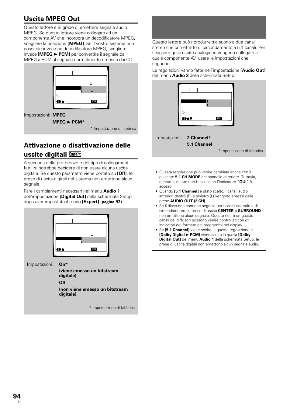Collegamenti audio con un sintoamplificatore o, Ricevitore av, Uscita mpeg out | Attivazione o disattivazione delle uscite digitali | Pioneer DV-636D User Manual | Page 94 / 128