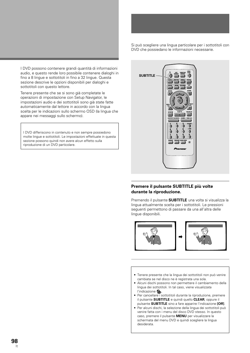 Impostazione delle opzioni di lingua, In più lingue), Subtitle | Pioneer DV-636D User Manual | Page 98 / 128