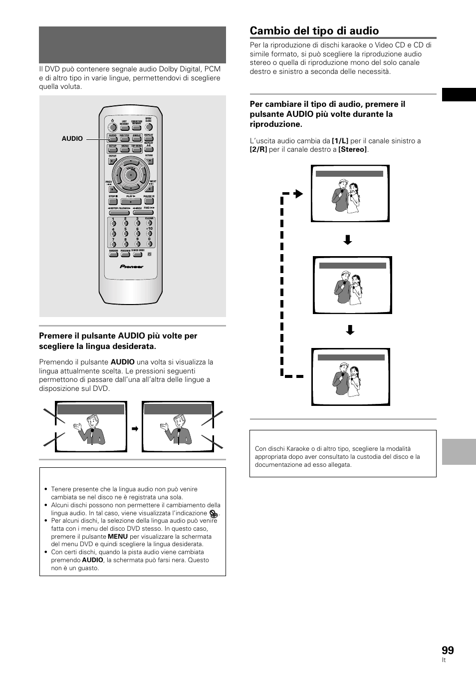 Cambio della lingua audio (funzione multi, Lingue), Cambio della lingua audio (funzione multi lingue) | Cambio del tipo di audio, Italiano, Impost azione delle opzioni di lingua, Video cd/cd, Hello hola, Audio | Pioneer DV-636D User Manual | Page 99 / 128