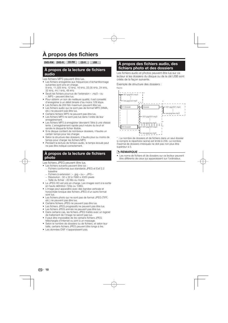 À propos des fichiers, Dossiers, À propos de la lecture de fichiers audio | À propos de la lecture de fichiers photo | Pioneer BDP-333 User Manual | Page 10 / 304