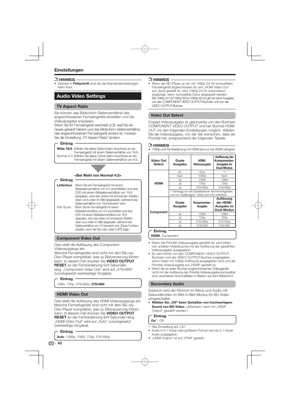 Audio video settings, Einstellungen | Pioneer BDP-333 User Manual | Page 106 / 304