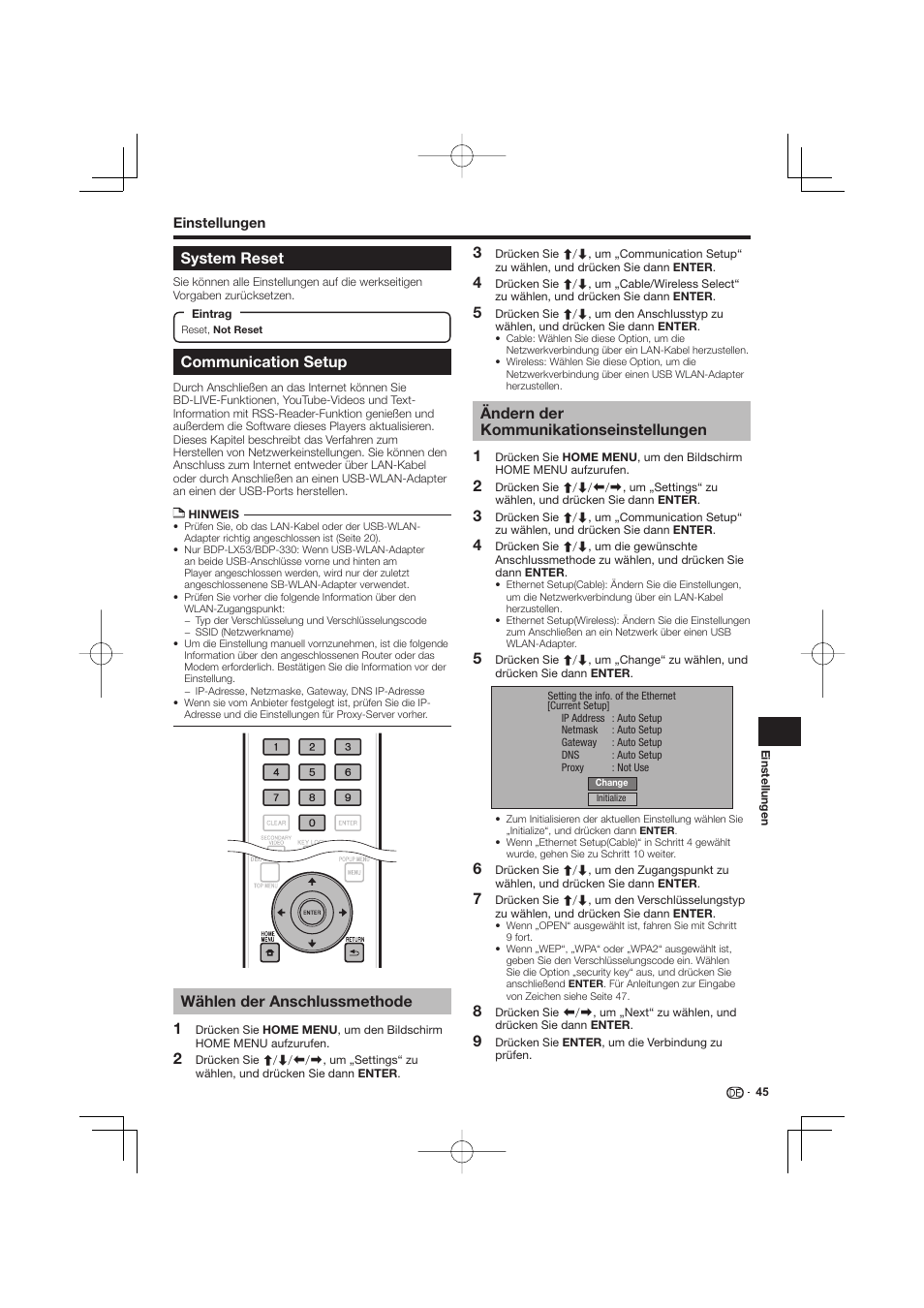 System reset communication setup, Communication setup, Wählen der anschlussmethode | Ändern der kommunikationseinstellungen, System reset | Pioneer BDP-333 User Manual | Page 109 / 304