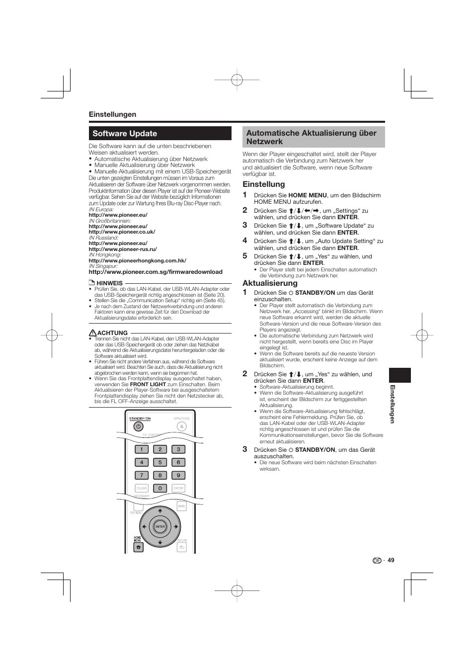 Software update, Automatische aktualisierung über netzwerk, Einstellung | Aktualisierung | Pioneer BDP-333 User Manual | Page 113 / 304