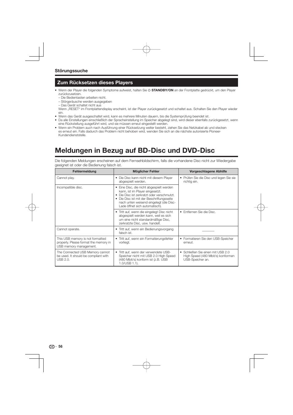 Zum rücksetzen dieses players, Meldungen in bezug auf bd-disc und dvd-disc | Pioneer BDP-333 User Manual | Page 120 / 304