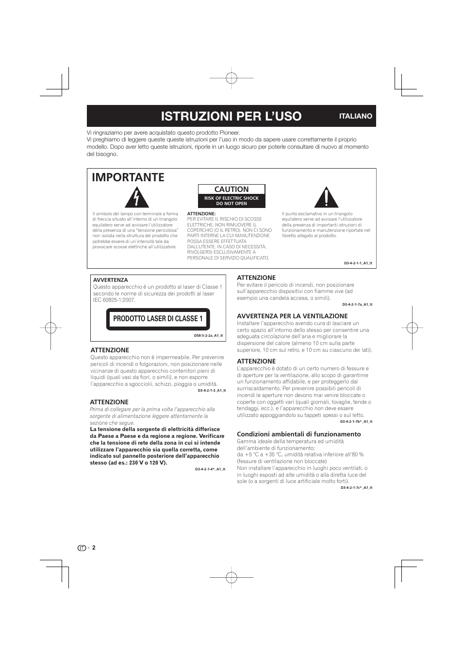 Istruzioni per l’uso, Importante, Caution | Prodotto laser di classe 1 | Pioneer BDP-333 User Manual | Page 124 / 304