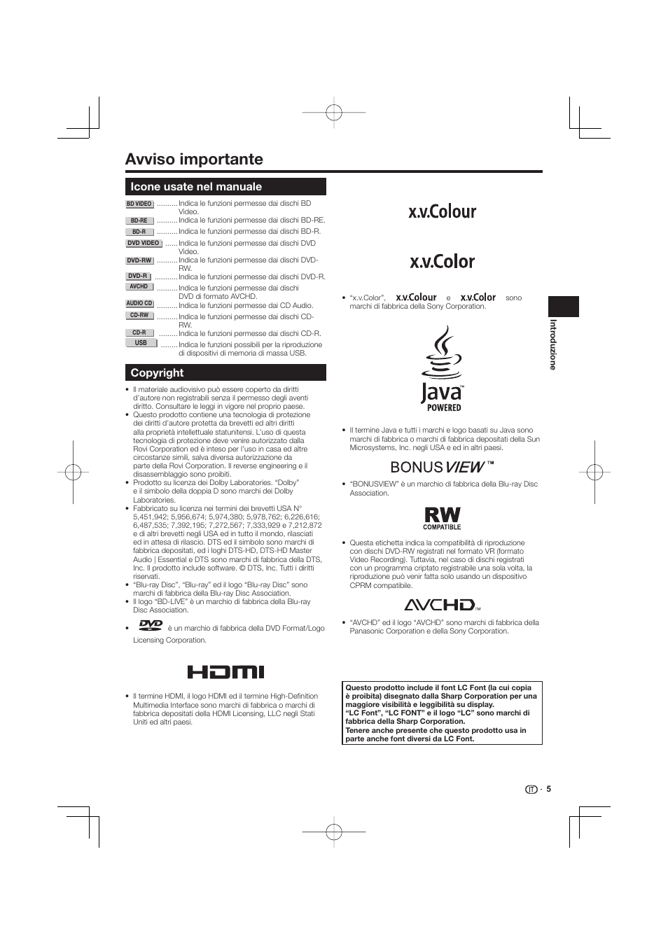 Avviso importante, Icone usate nel manuale copyright, Icone usate nel manuale | Copyright | Pioneer BDP-333 User Manual | Page 127 / 304