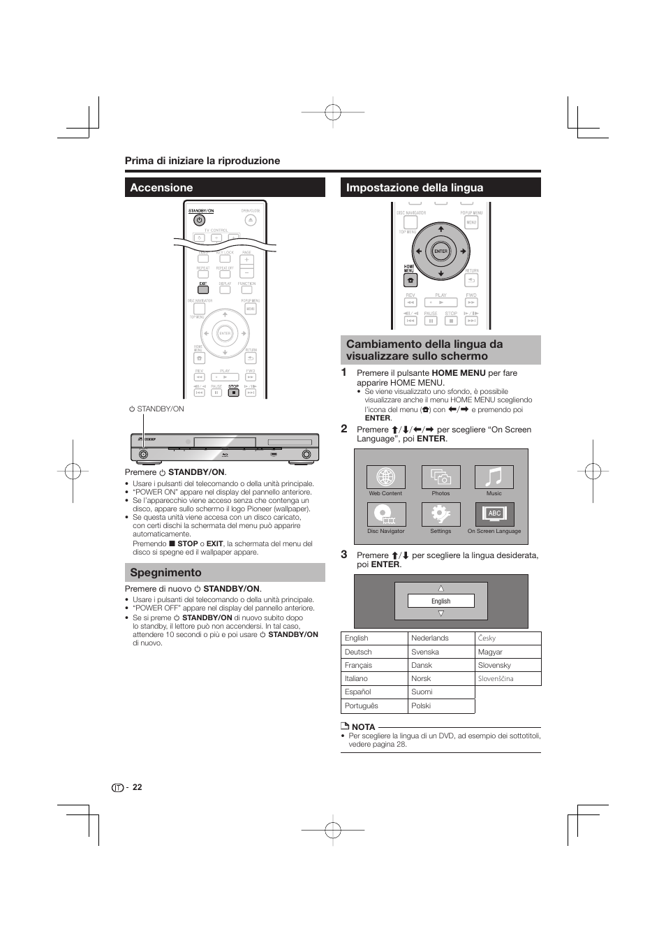 Accensione, Spegnimento, Impostazione della lingua | Cambiamento della lingua da visualizzare sullo, Schermo | Pioneer BDP-333 User Manual | Page 144 / 304