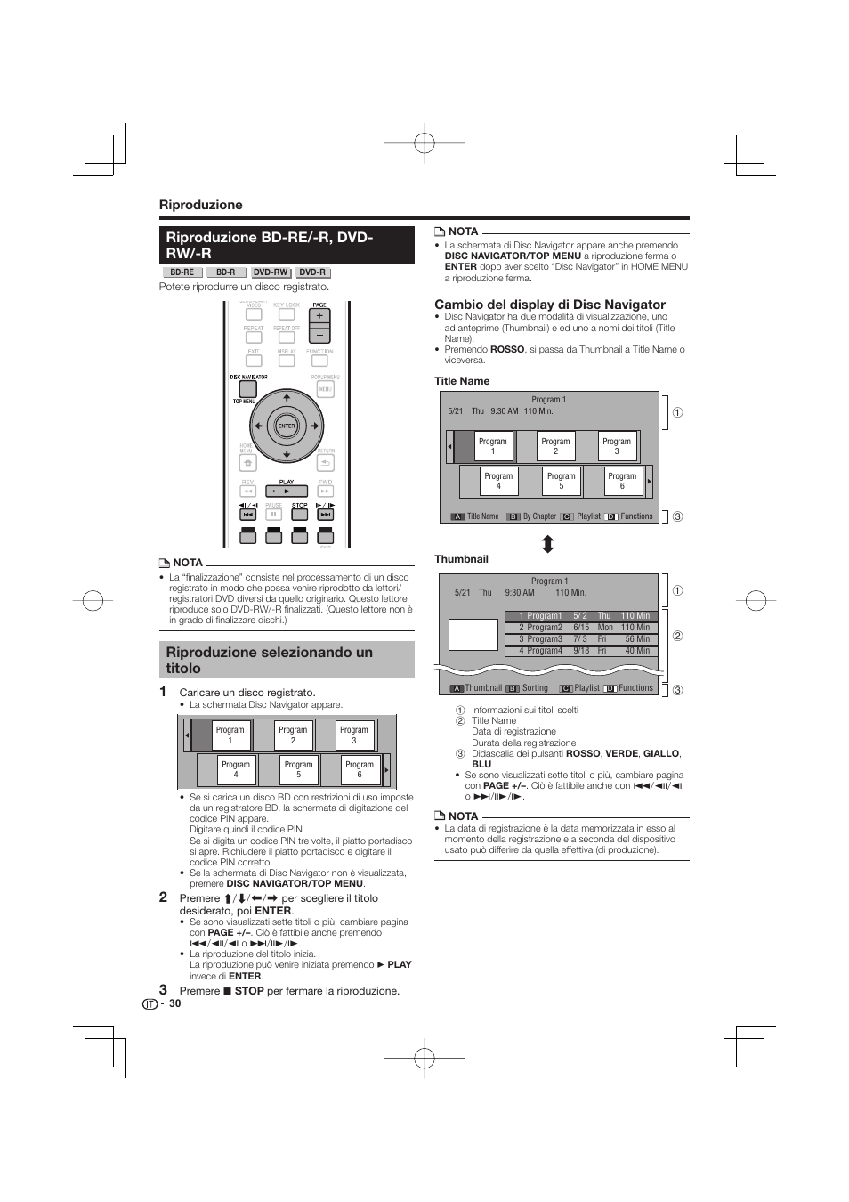 Riproduzione bd-re/-r, dvd-rw/-r, Riproduzione selezionando un titolo, Riproduzione bd-re/-r, dvd- rw/-r | Riproduzione, Cambio del display di disc navigator | Pioneer BDP-333 User Manual | Page 152 / 304