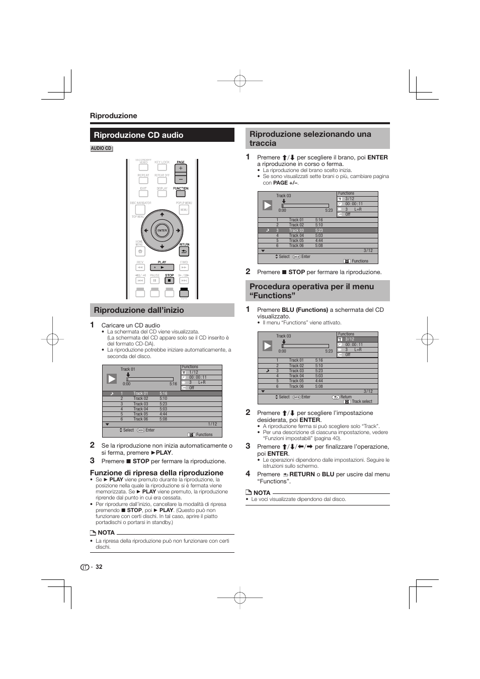 Riproduzione cd audio, Riproduzione dall’inizio, Riproduzione selezionando una traccia | Procedura operativa per il menu “functions, Funzione di ripresa della riproduzione, Riproduzione | Pioneer BDP-333 User Manual | Page 154 / 304