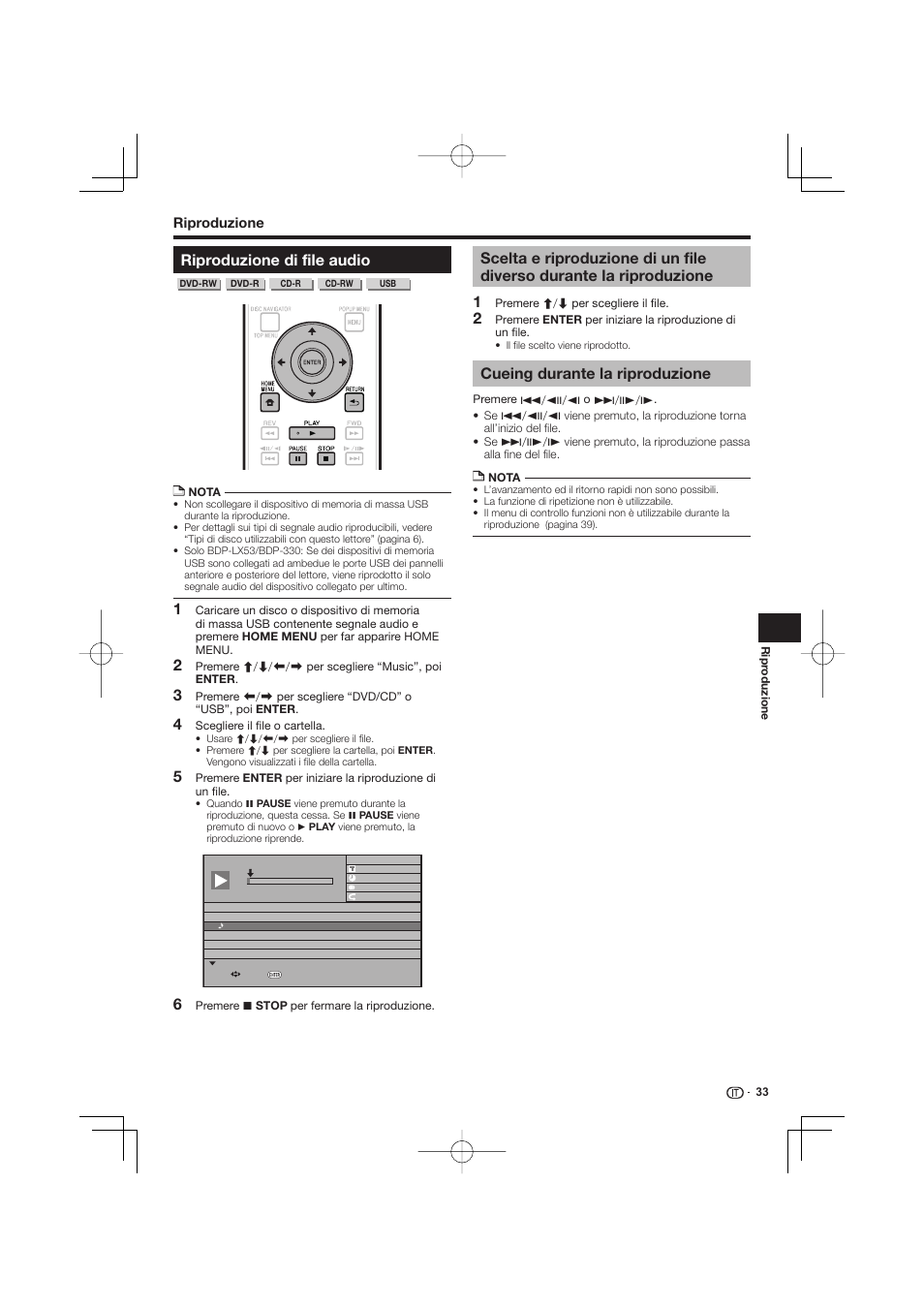 Riproduzione di file audio, Riproduzione, Cueing durante la riproduzione | Pioneer BDP-333 User Manual | Page 155 / 304