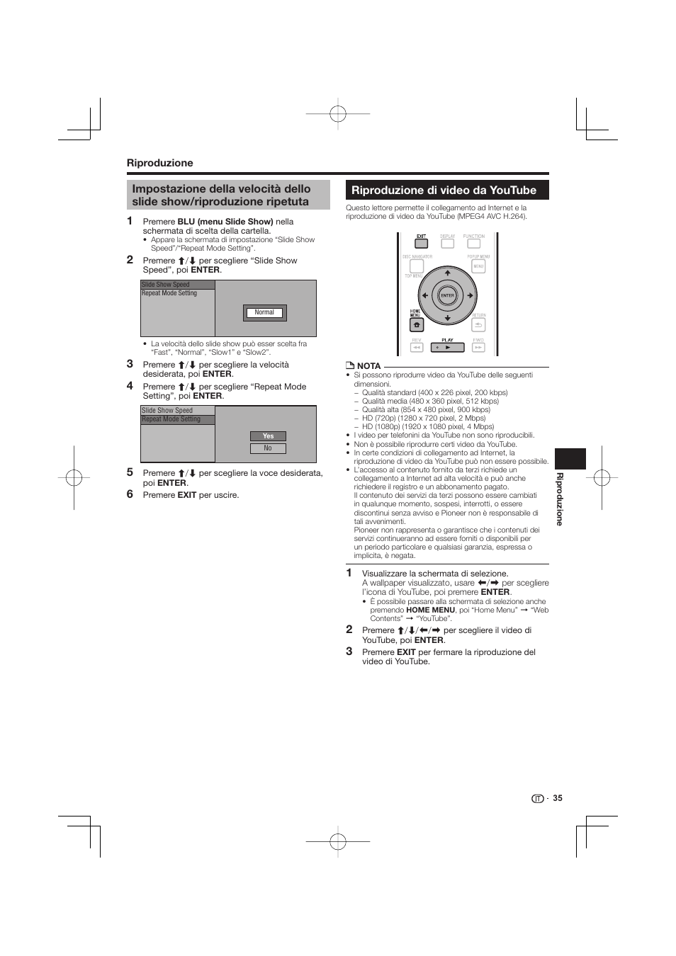 Impostazione della velocità dello slide show, Riproduzione ripetuta, Riproduzione di video da youtube | Pioneer BDP-333 User Manual | Page 157 / 304