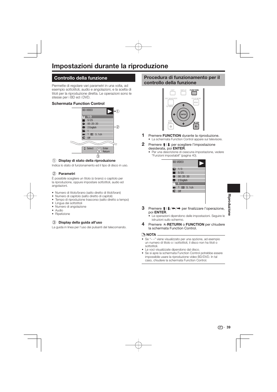 Impostazioni durante la riproduzione -40, Controllo della funzione, Procedura di funzionamento per il controllo della | Funzione, Impostazioni durante la riproduzione | Pioneer BDP-333 User Manual | Page 161 / 304