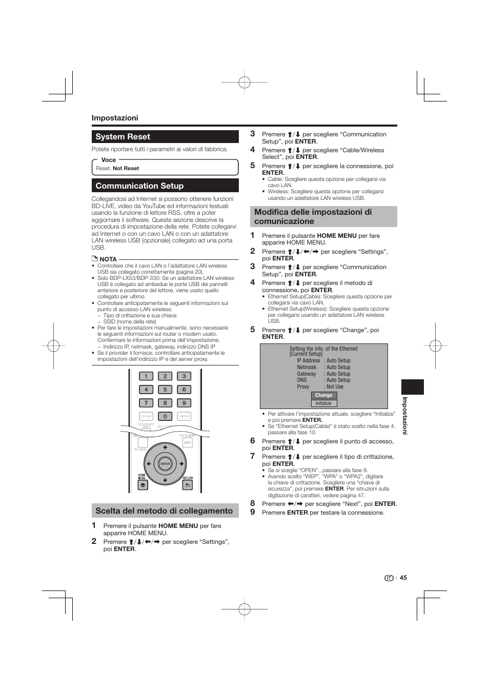 System reset communication setup, Communication setup, Scelta del metodo di collegamento | Modifica delle impostazioni di comunicazione, System reset | Pioneer BDP-333 User Manual | Page 167 / 304