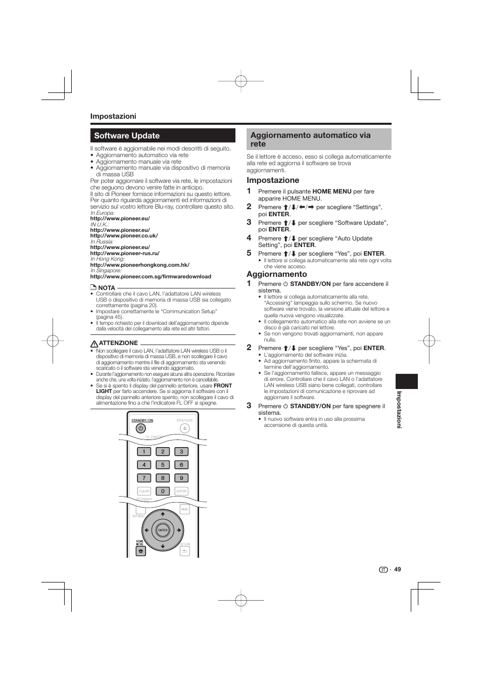 Software update, Aggiornamento automatico via rete, Impostazione | Aggiornamento | Pioneer BDP-333 User Manual | Page 171 / 304