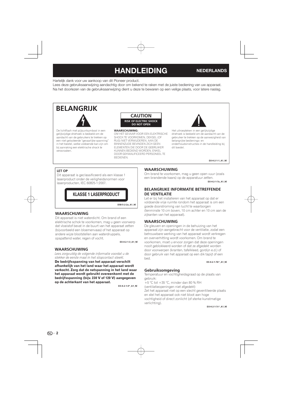 Handleiding, Belangrijk, Caution | Klasse 1 laserproduct | Pioneer BDP-333 User Manual | Page 182 / 304