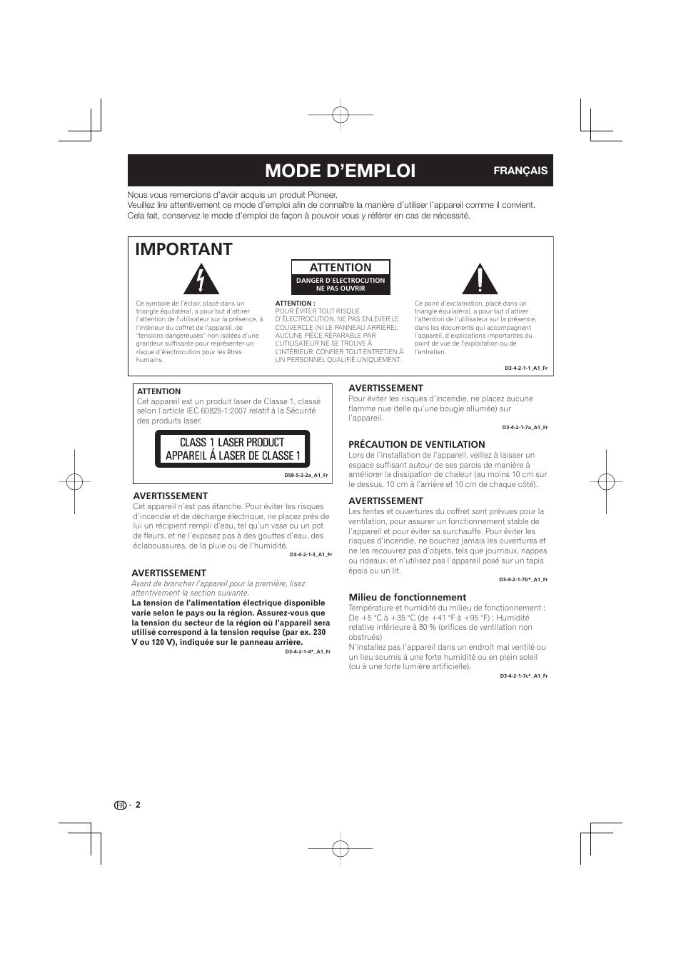 Mode d’emploi, Important, Attention | Pioneer BDP-333 User Manual | Page 2 / 304