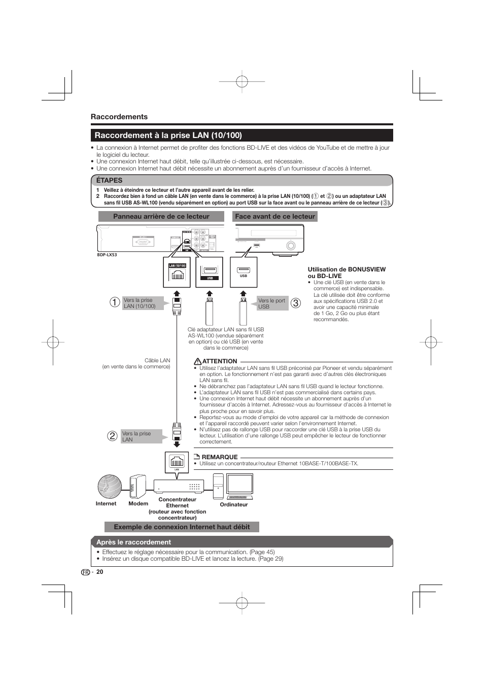 Raccordement à la prise lan (10/100), Raccordements | Pioneer BDP-333 User Manual | Page 20 / 304