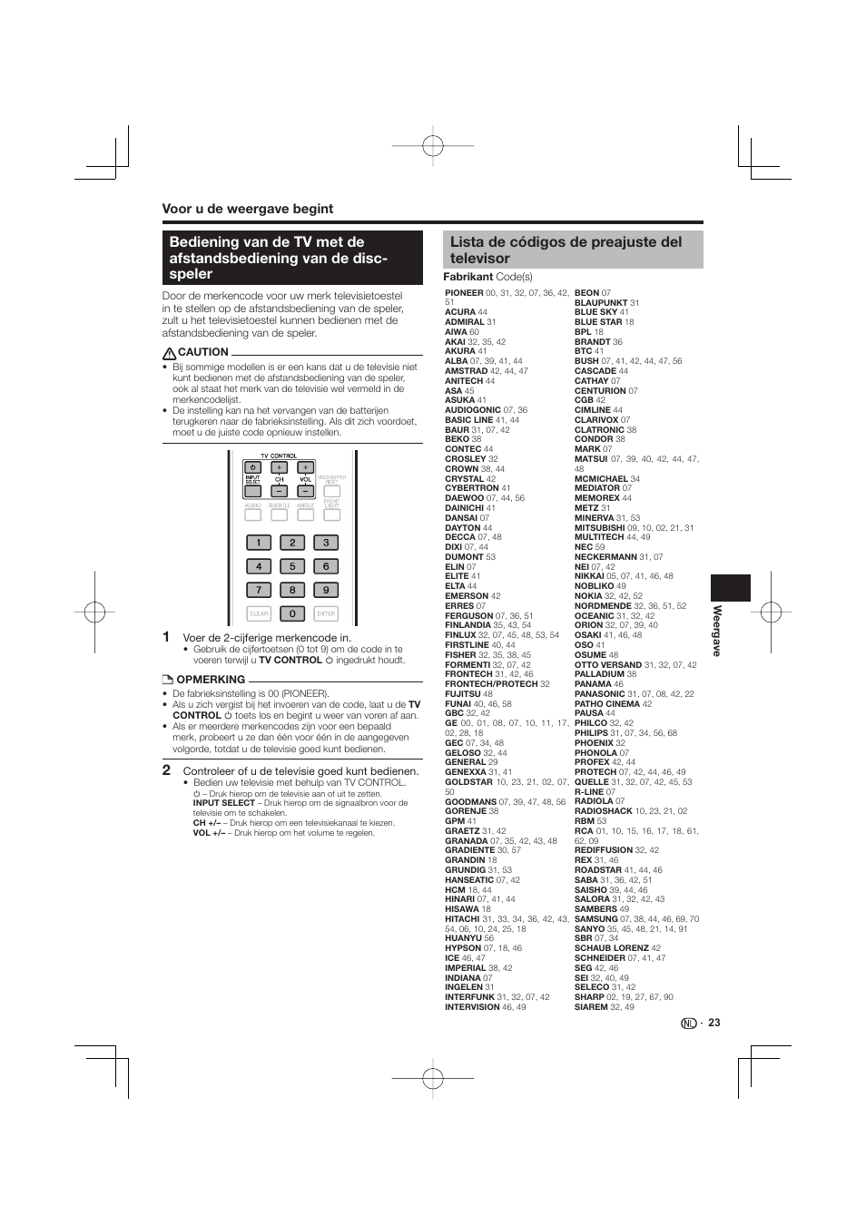 Bediening van de tv met de afstandsbediening van, De disc-speler, Lista de códigos de preajuste del televisor | Pioneer BDP-333 User Manual | Page 203 / 304