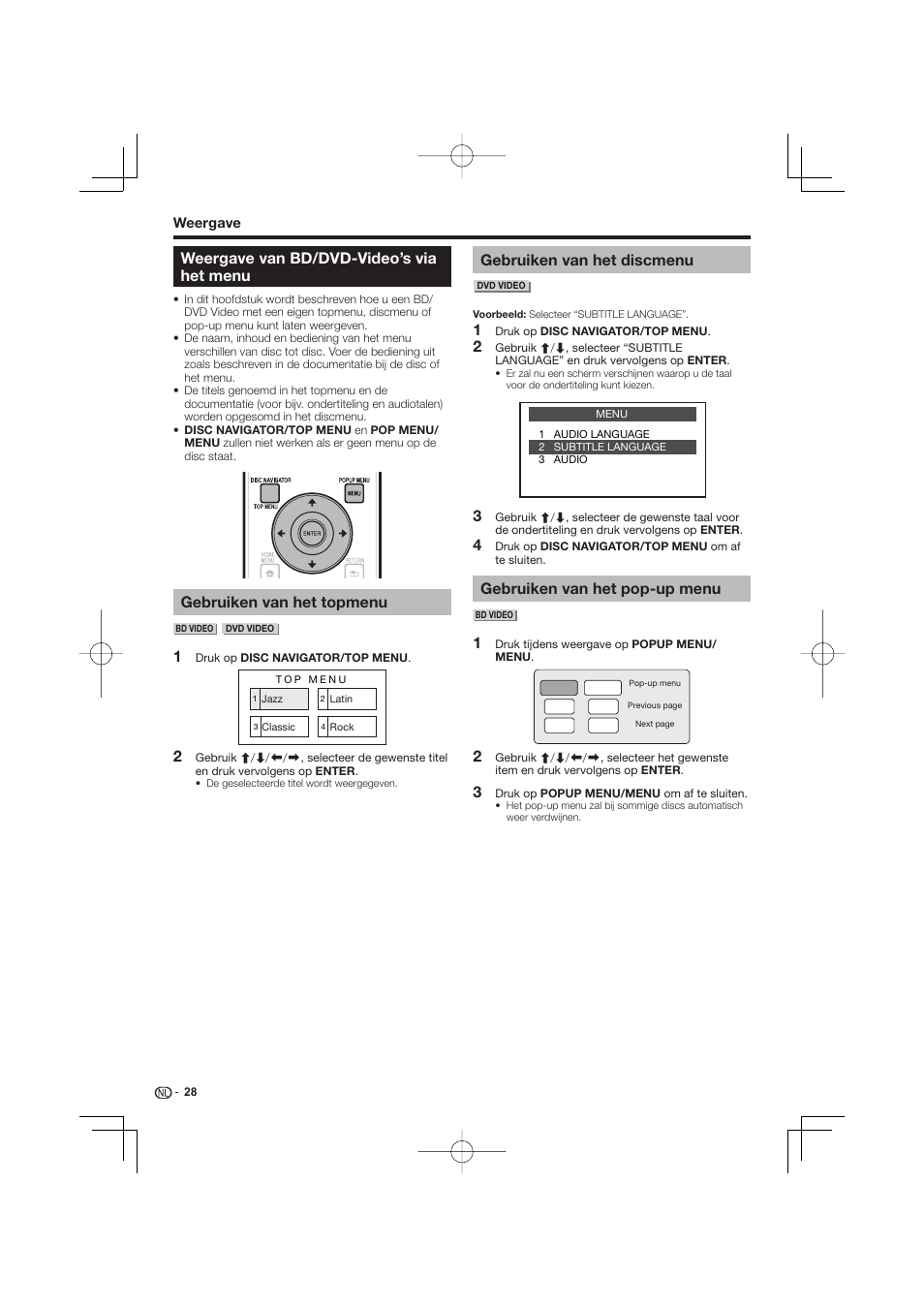 Weergave van bd/dvd-video’s via het menu, Gebruiken van het topmenu, Gebruiken van het discmenu | Gebruiken van het pop-up menu | Pioneer BDP-333 User Manual | Page 208 / 304