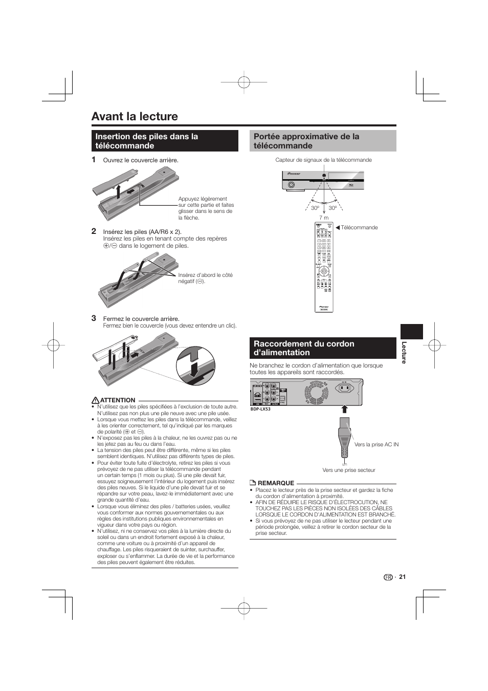 Avant la lecture -26, Insertion des piles dans la télécommande, Portée approximative de la télécommande | Raccordement du cordon d’alimentation, Avant la lecture, 12 3 raccordement du cordon d’alimentation | Pioneer BDP-333 User Manual | Page 21 / 304