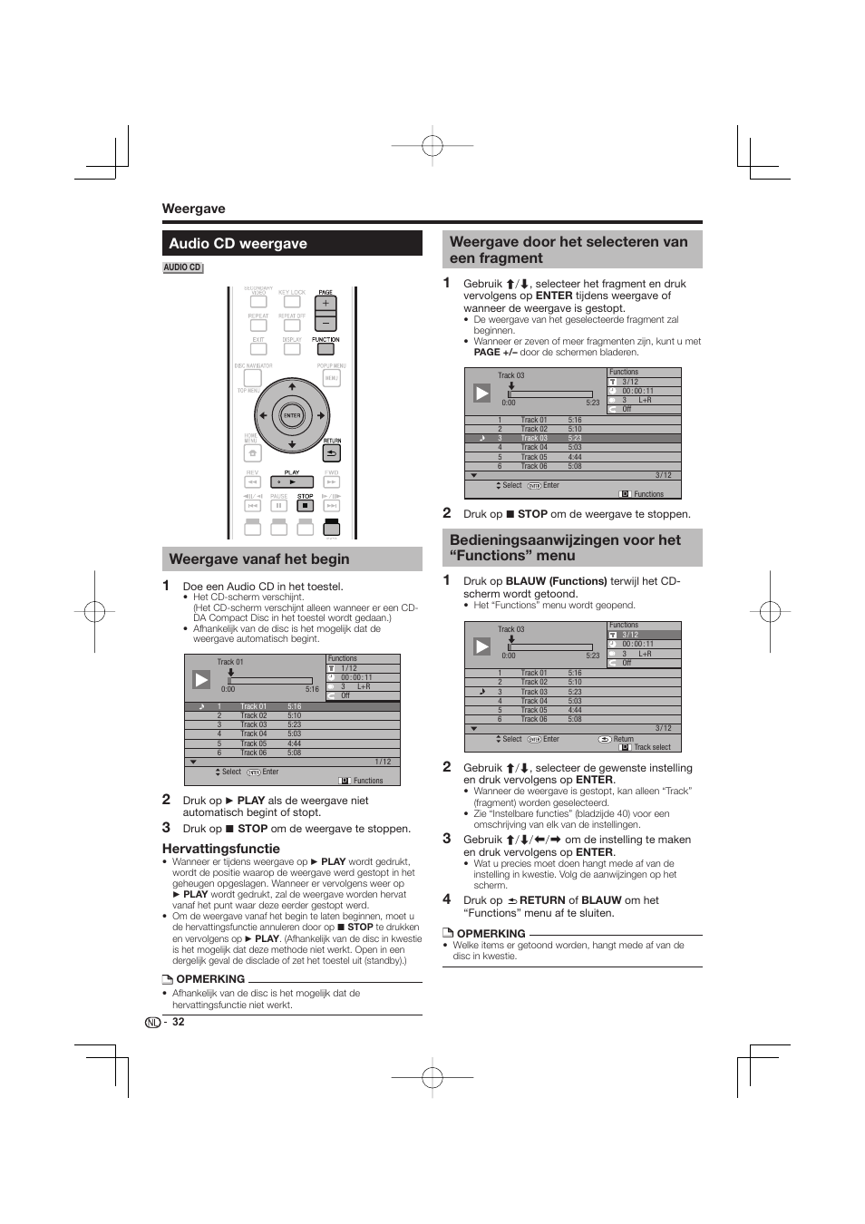 Audio cd weergave, Weergave vanaf het begin, Weergave door het selecteren van een fragment | Bedieningsaanwijzingen voor het “functions” menu, Hervattingsfunctie, Weergave | Pioneer BDP-333 User Manual | Page 212 / 304