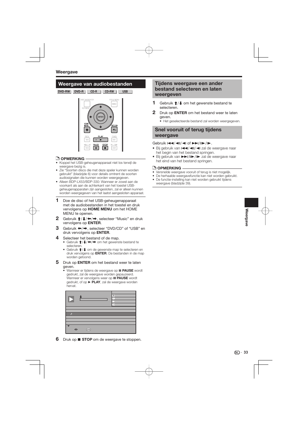 Weergave van audiobestanden, Tijdens weergave een ander bestand selecteren en, Laten weergeven | Snel vooruit of terug tijdens weergave | Pioneer BDP-333 User Manual | Page 213 / 304